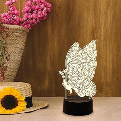 Butterfly Mandala Art Design 3D Illusion Night Lamp with Warm White Light  Table Lamp Home Decor Light